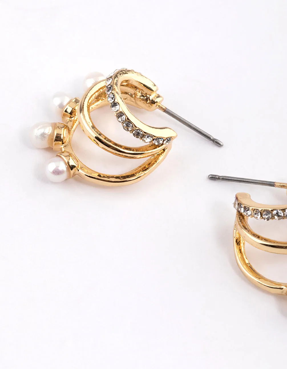 Gold Plated Diamante Pearl Triple Hoop Earrings