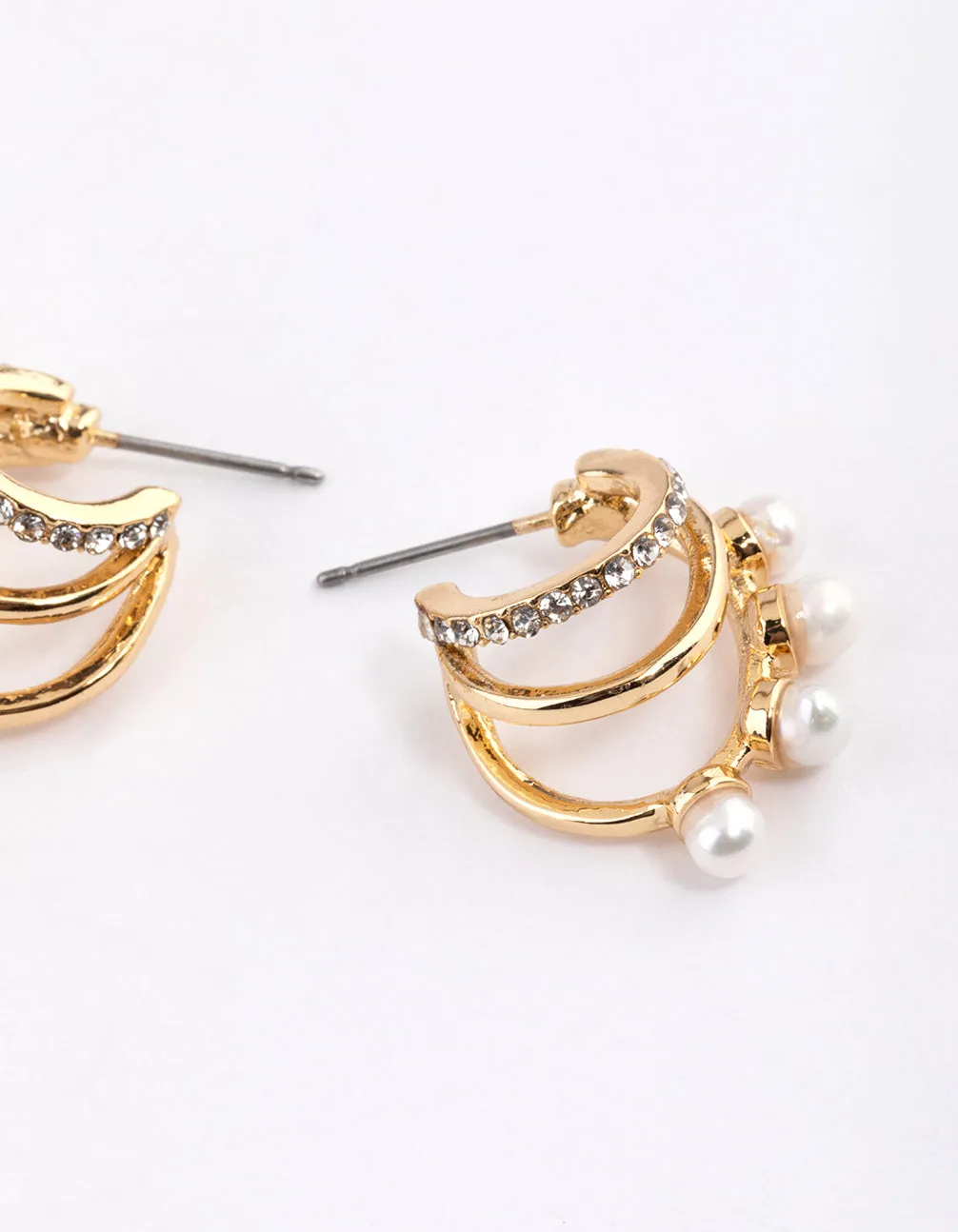 Gold Plated Diamante Pearl Triple Hoop Earrings