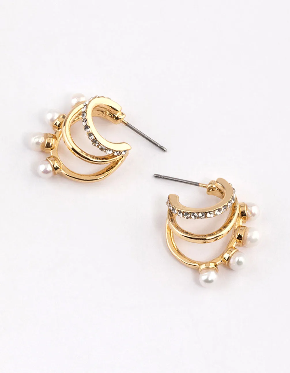 Gold Plated Diamante Pearl Triple Hoop Earrings