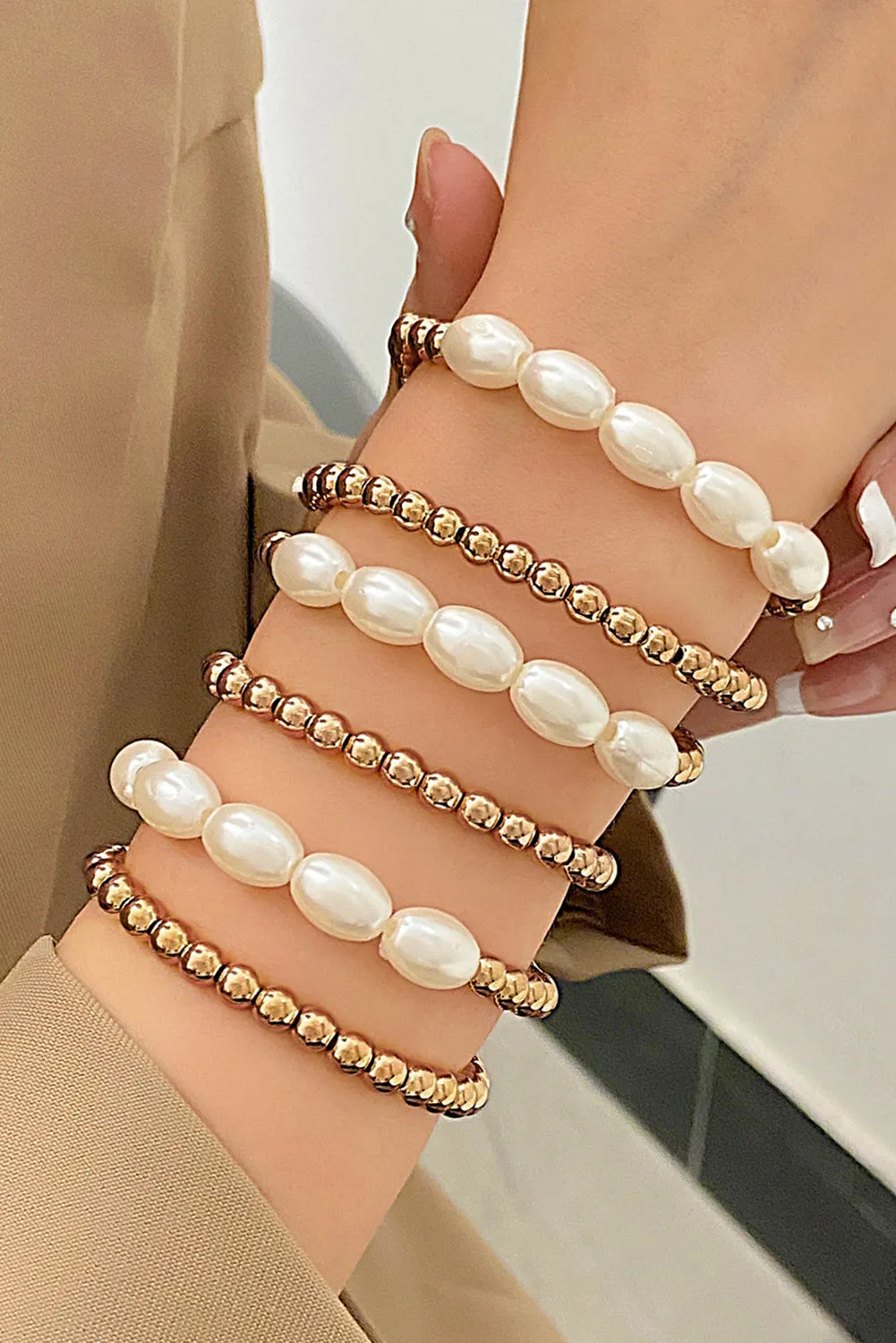 Gold Plated Pearl Beaded 6 Pcs Bracelet Set