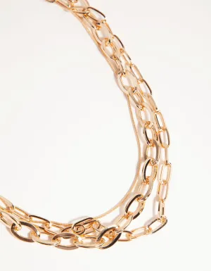 Gold Short Wide Chain 3-Row Necklace