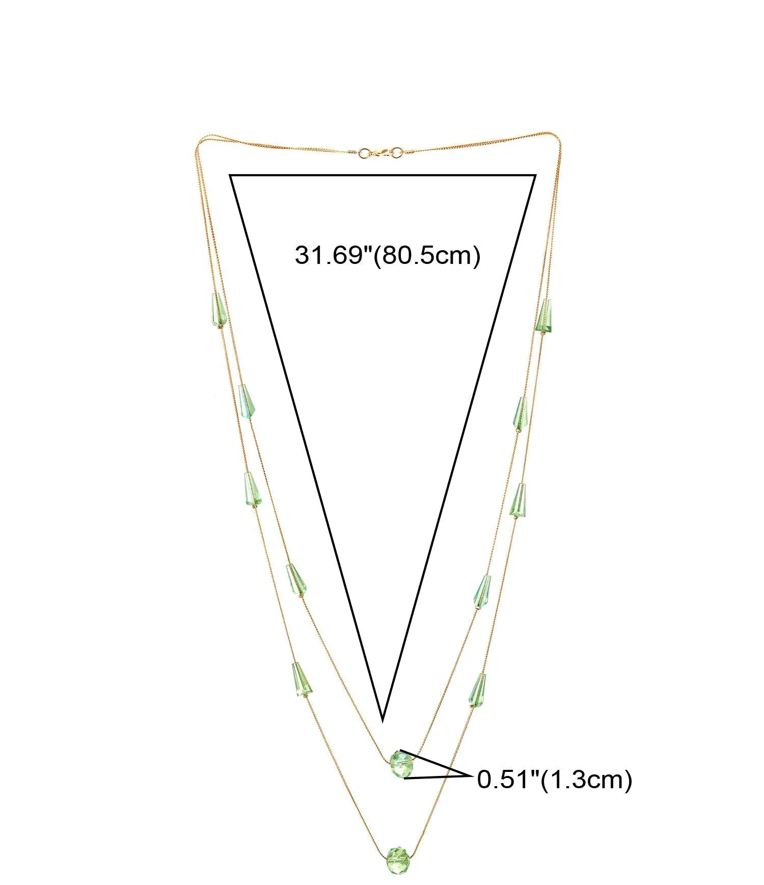 Gold Statement Necklace Two-Strand Long Chains with light Green Cone Crystal Beads Charms Pendant