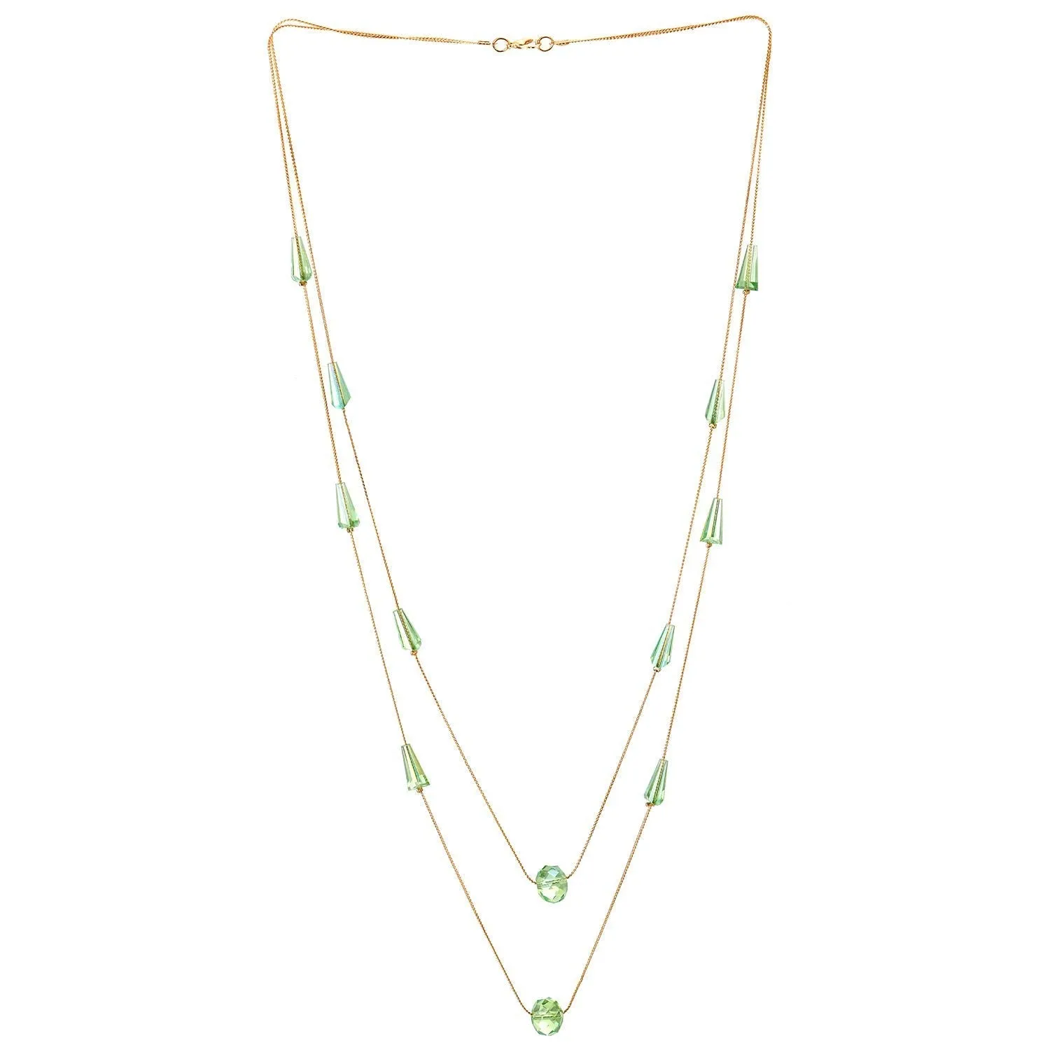 Gold Statement Necklace Two-Strand Long Chains with light Green Cone Crystal Beads Charms Pendant