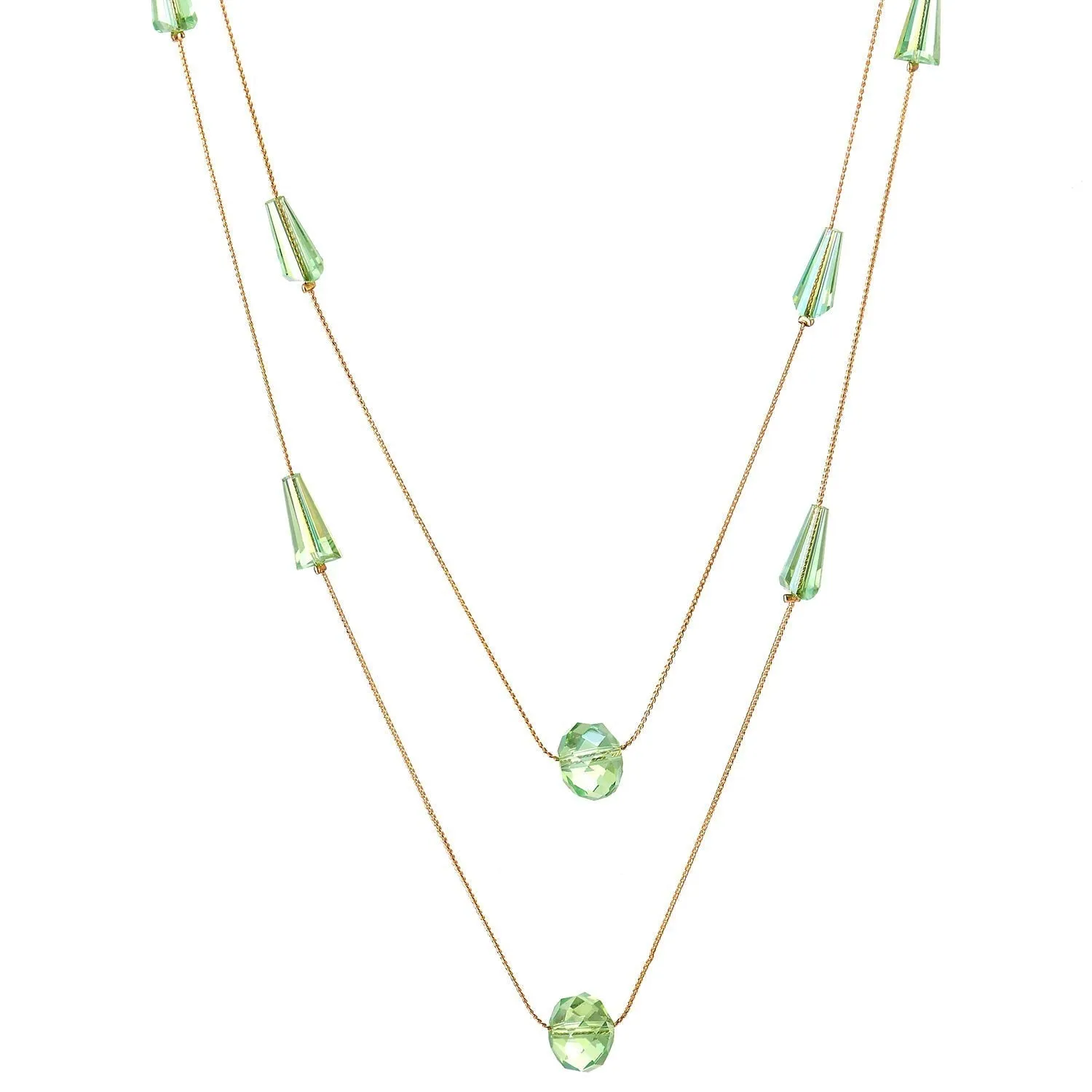 Gold Statement Necklace Two-Strand Long Chains with light Green Cone Crystal Beads Charms Pendant