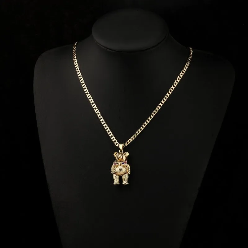 Gold Teddy Bear Pendant Necklace 22 Inch 4mm Belcher Chain