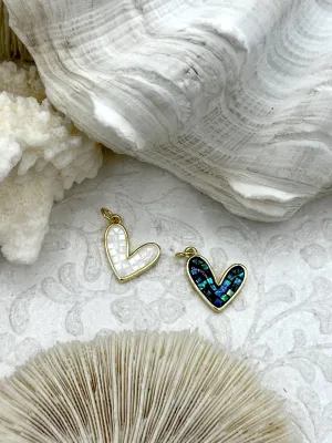 Heart Shaped Dyed Mother of Pearl  and Gold Pendants, Mother of Pearl Gold Plated Brass, 2 Colors, Black or White, 15mm x 14mm. Fast Ship.