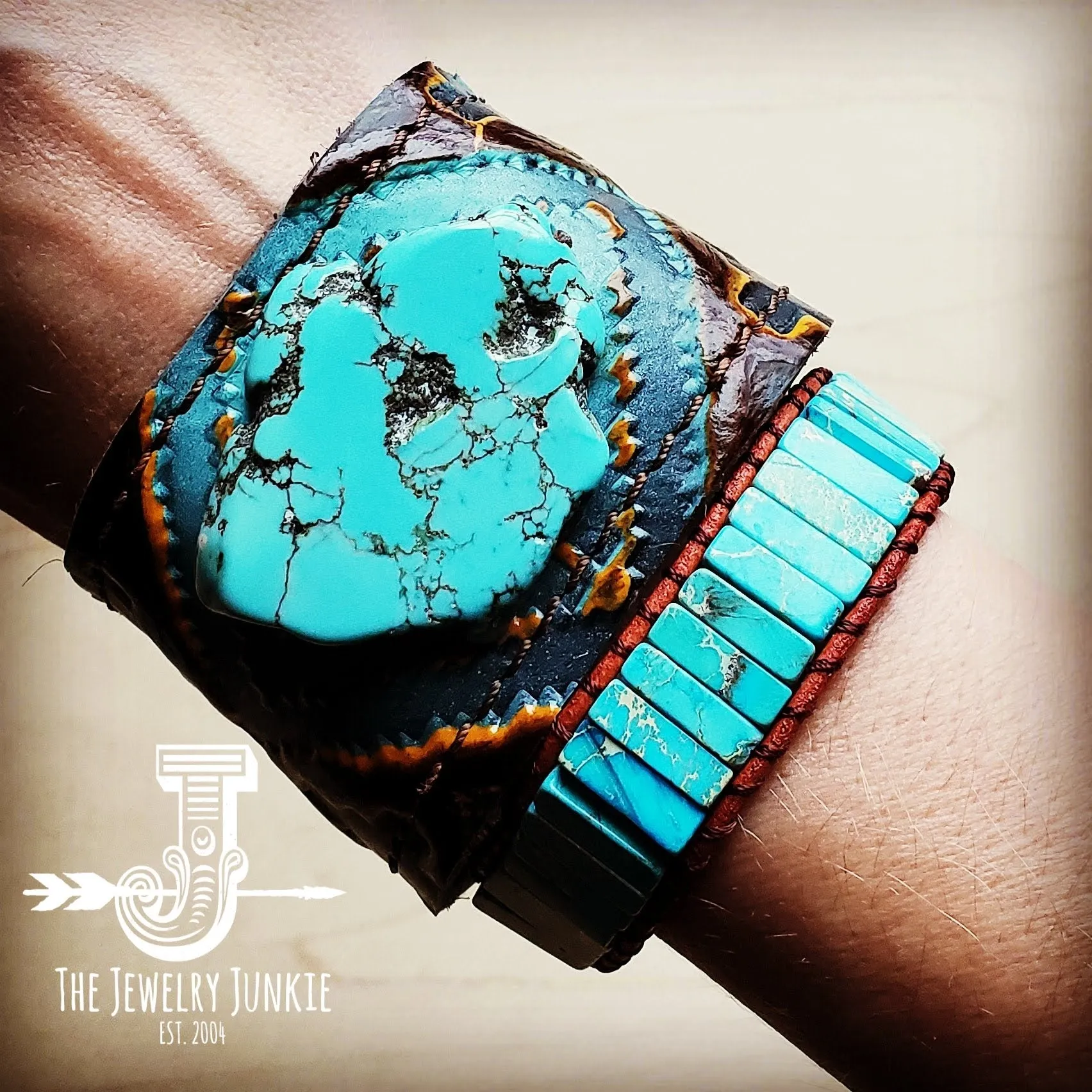 Leather Cuff w/ Leather Tie-Blue Navajo and Turquoise Slab (011t)