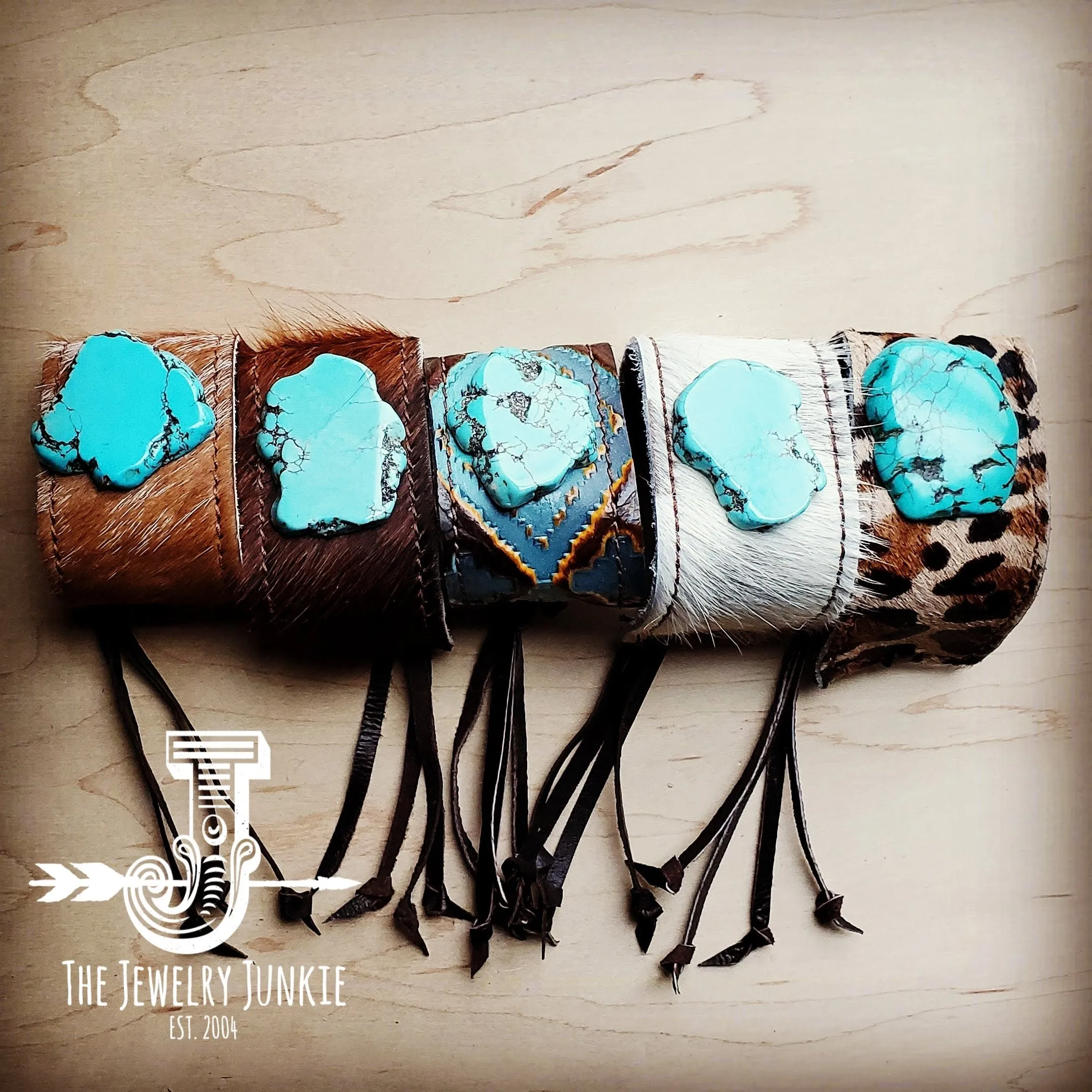 Leather Cuff w/ Leather Tie-Blue Navajo and Turquoise Slab (011t)