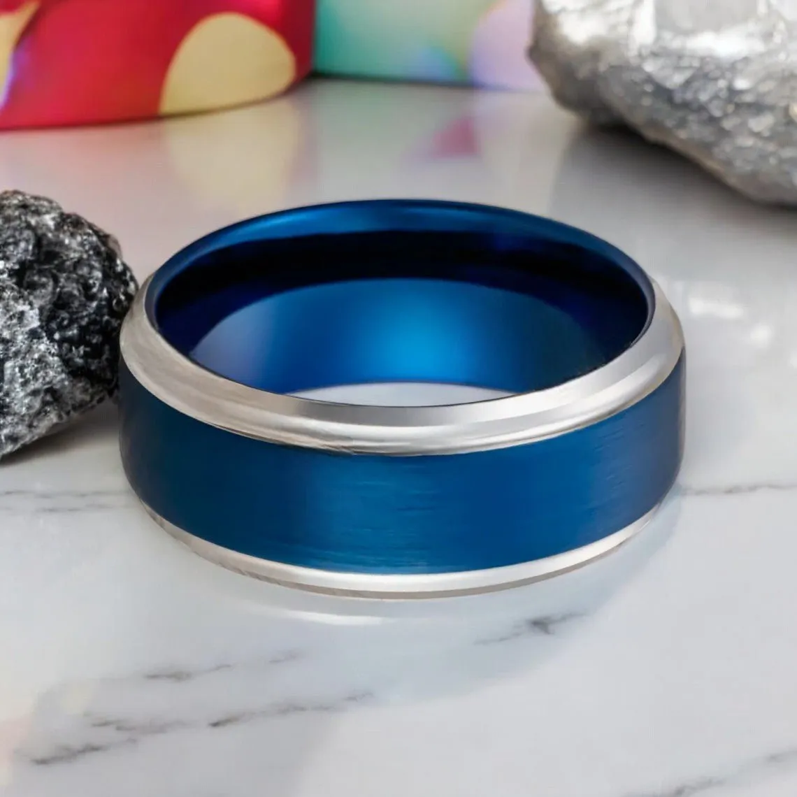 LINARD | Blue Tungsten Ring, Brushed, Silver Stepped Edge