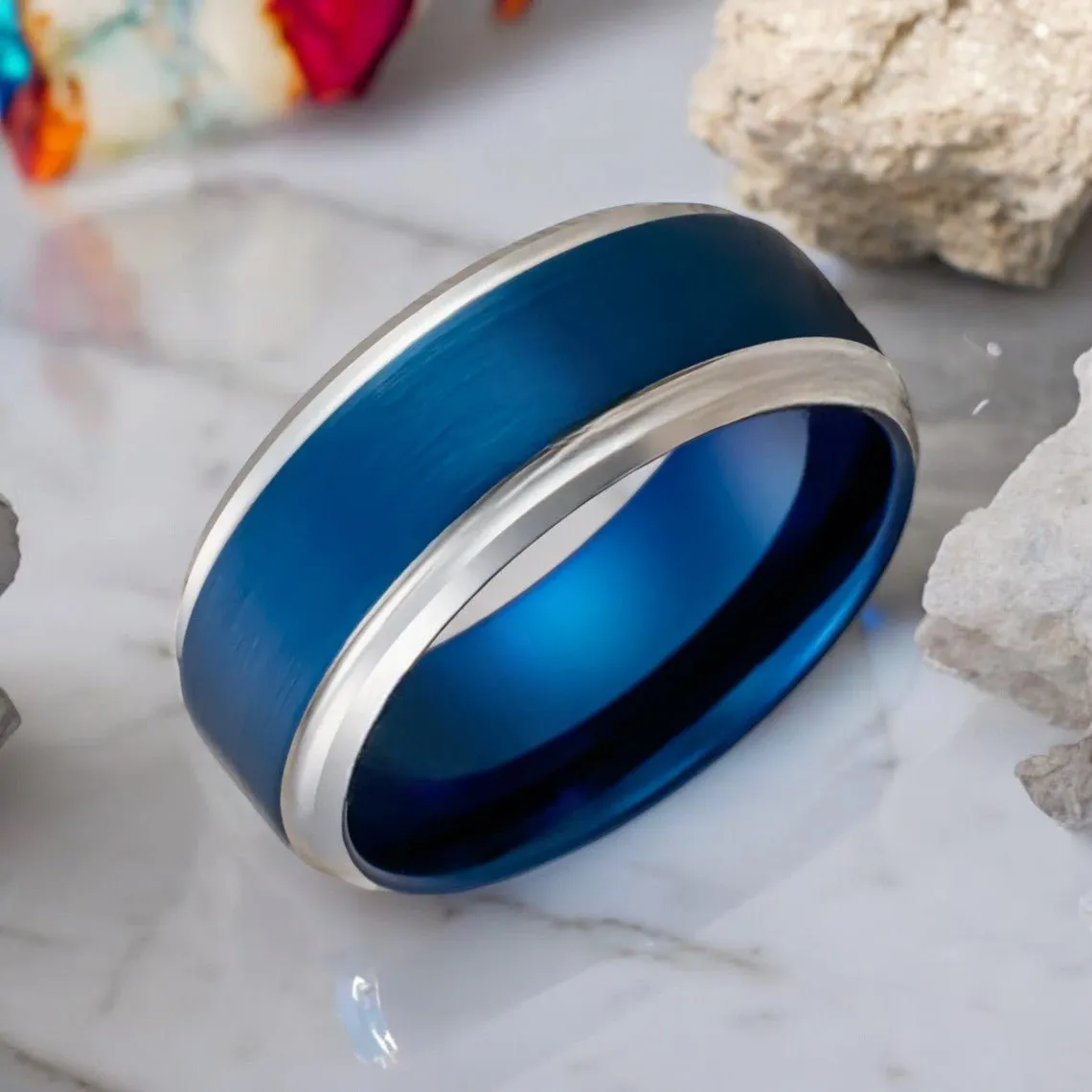 LINARD | Blue Tungsten Ring, Brushed, Silver Stepped Edge