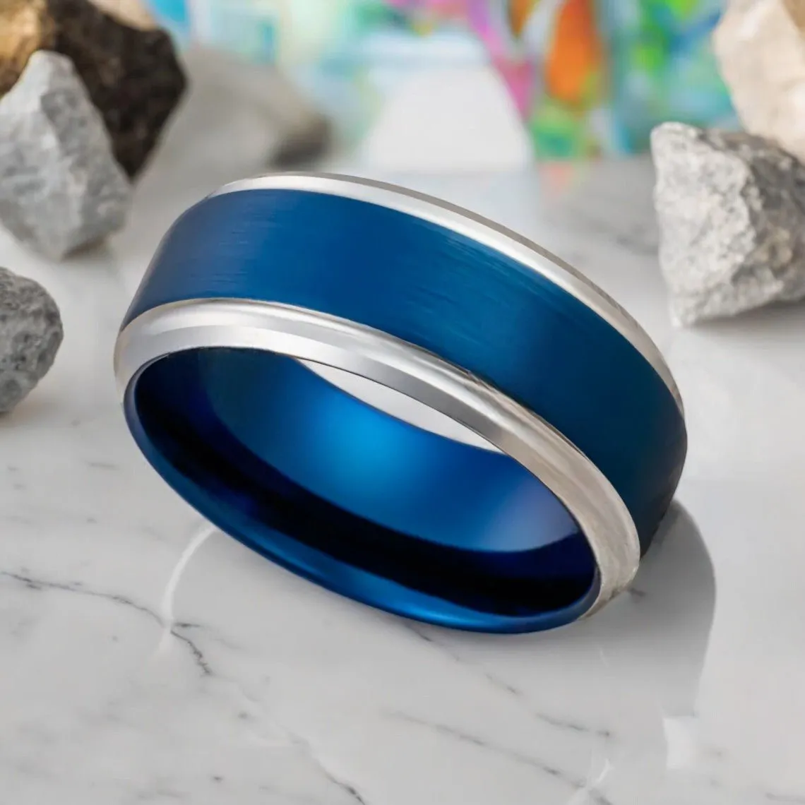 LINARD | Blue Tungsten Ring, Brushed, Silver Stepped Edge