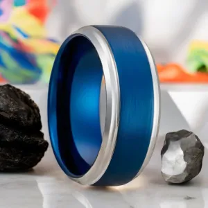 LINARD | Blue Tungsten Ring, Brushed, Silver Stepped Edge