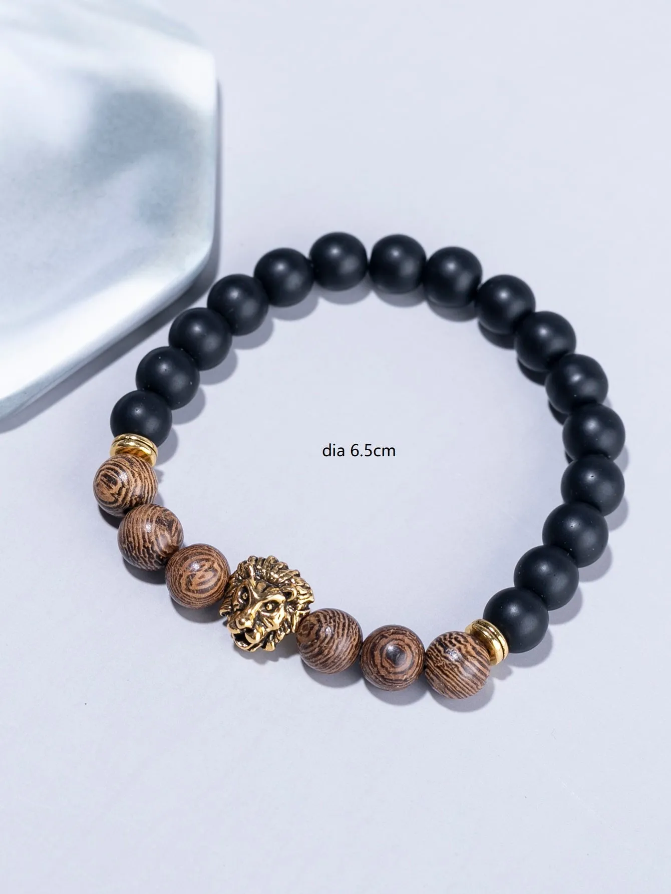 Lion Detail Wooden Beaded Bracelet Boho Crafted Creative Beads Design Stretchy