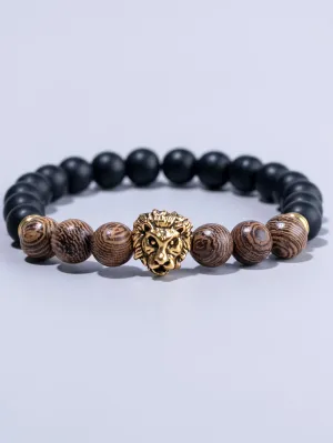 Lion Detail Wooden Beaded Bracelet Boho Crafted Creative Beads Design Stretchy