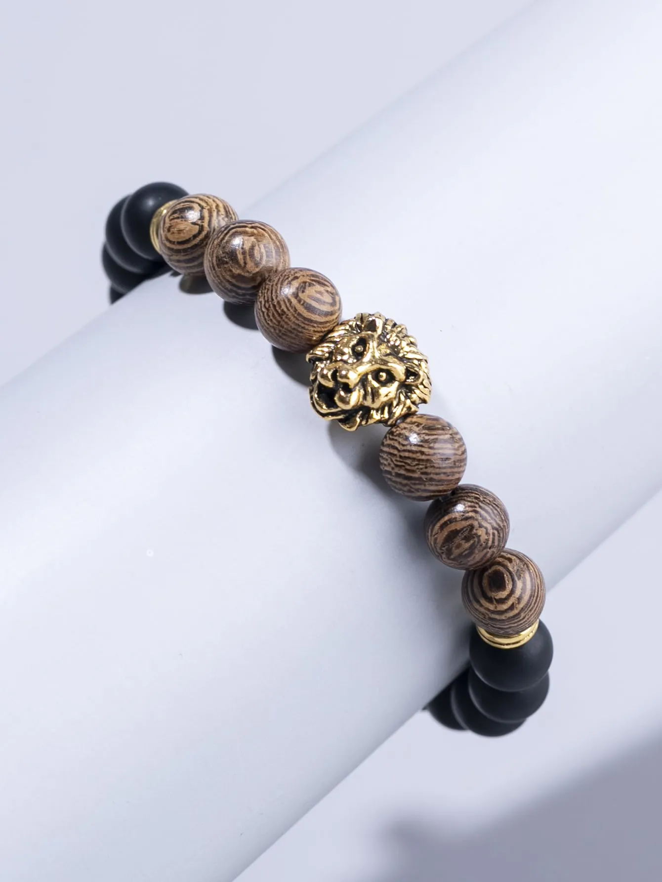 Lion Detail Wooden Beaded Bracelet Boho Crafted Creative Beads Design Stretchy