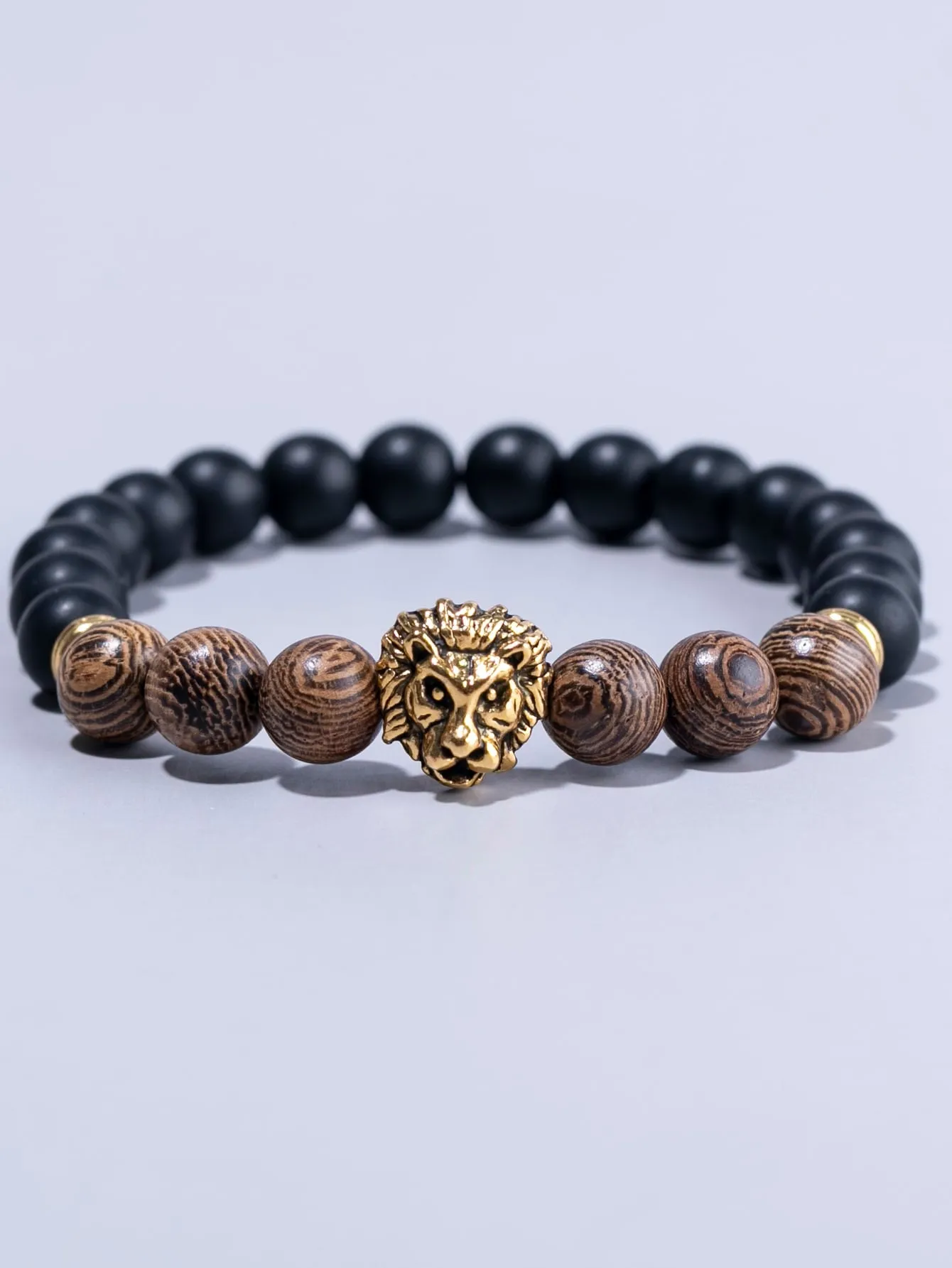 Lion Detail Wooden Beaded Bracelet Boho Crafted Creative Beads Design Stretchy