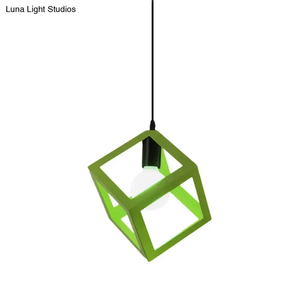 Loft Style Cubic Cage Pendant Light with Colorful Shades for Dining Room