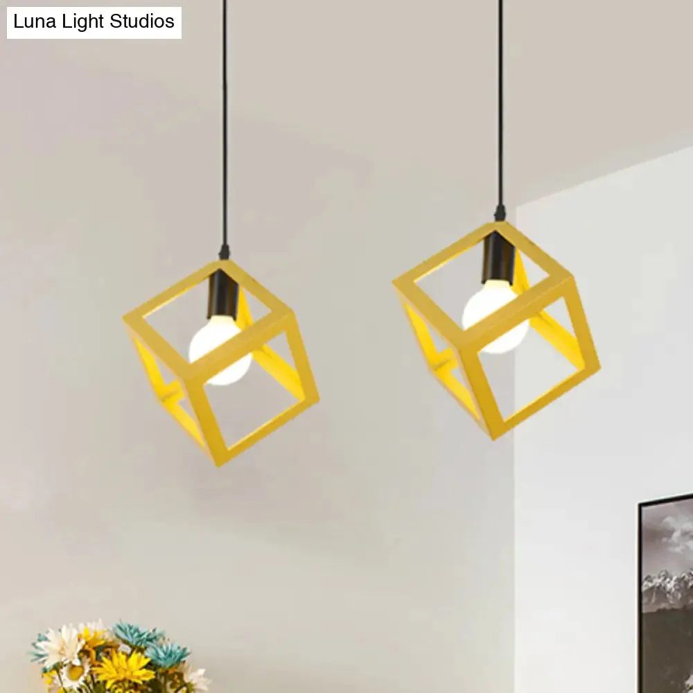 Loft Style Cubic Cage Pendant Light with Colorful Shades for Dining Room