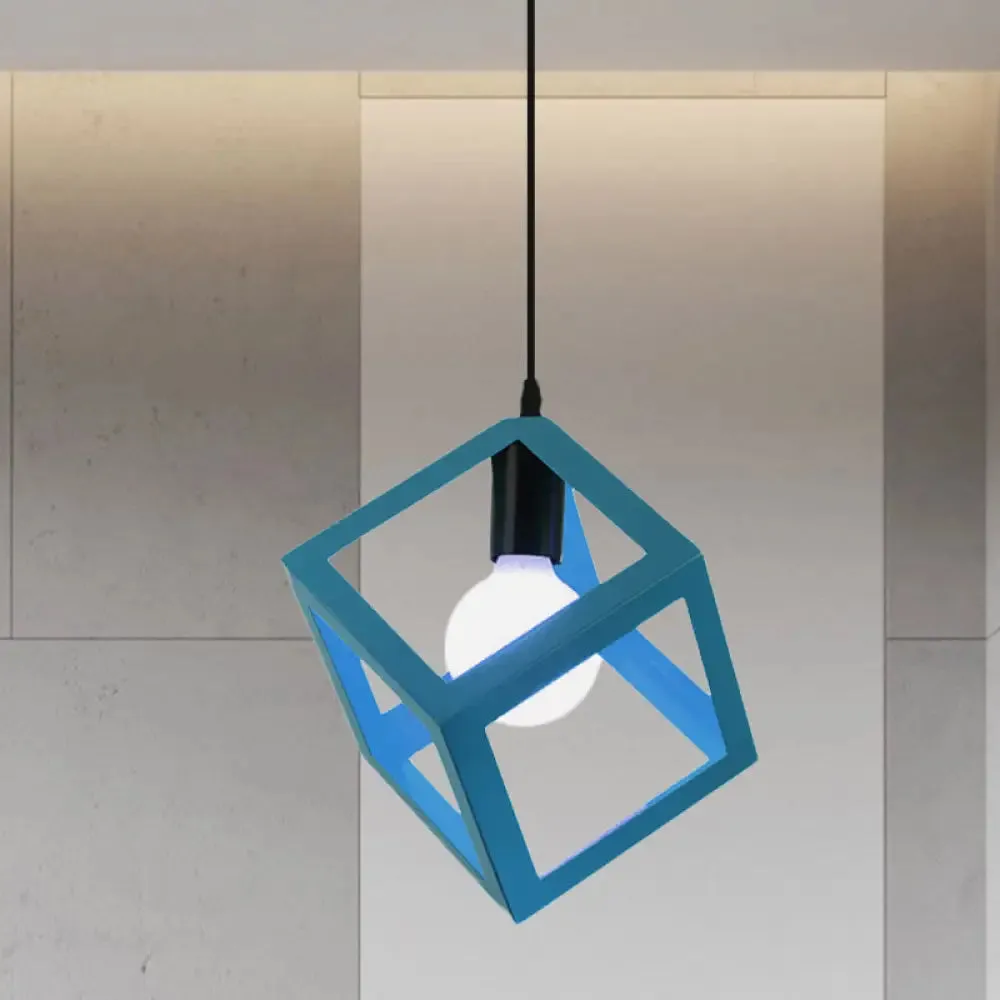 Loft Style Cubic Cage Pendant Light with Colorful Shades for Dining Room