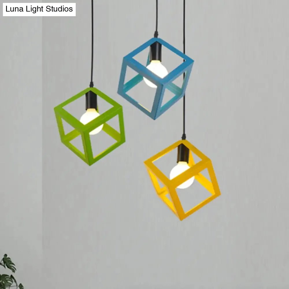 Loft Style Cubic Cage Pendant Light with Colorful Shades for Dining Room