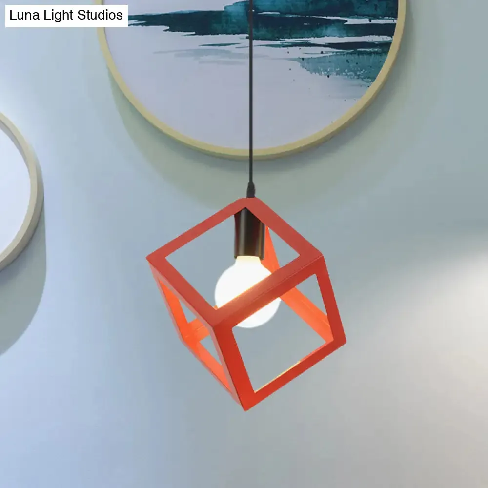 Loft Style Cubic Cage Pendant Light with Colorful Shades for Dining Room