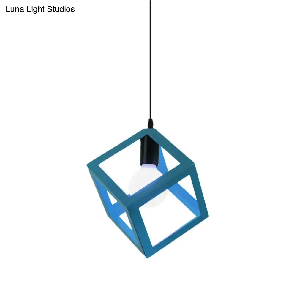 Loft Style Cubic Cage Pendant Light with Colorful Shades for Dining Room