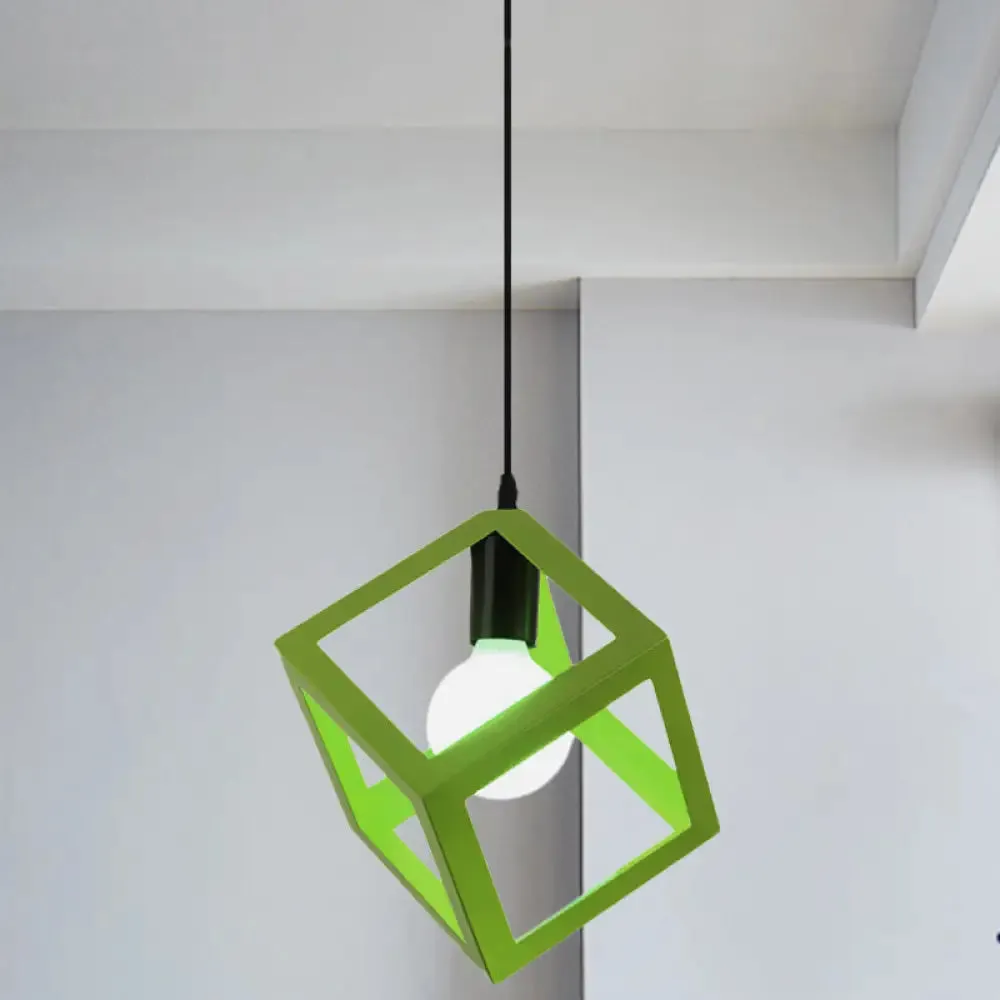 Loft Style Cubic Cage Pendant Light with Colorful Shades for Dining Room