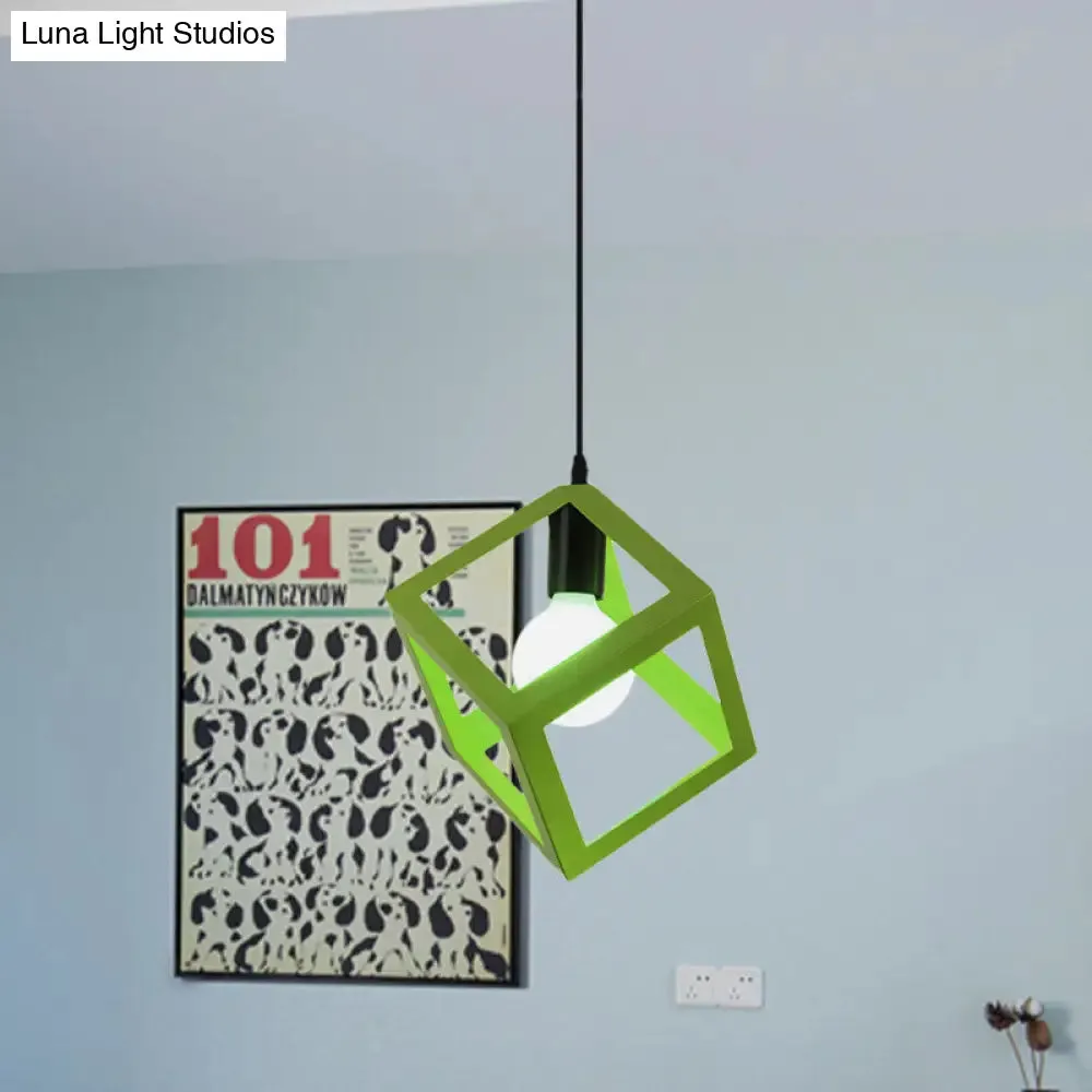 Loft Style Cubic Cage Pendant Light with Colorful Shades for Dining Room