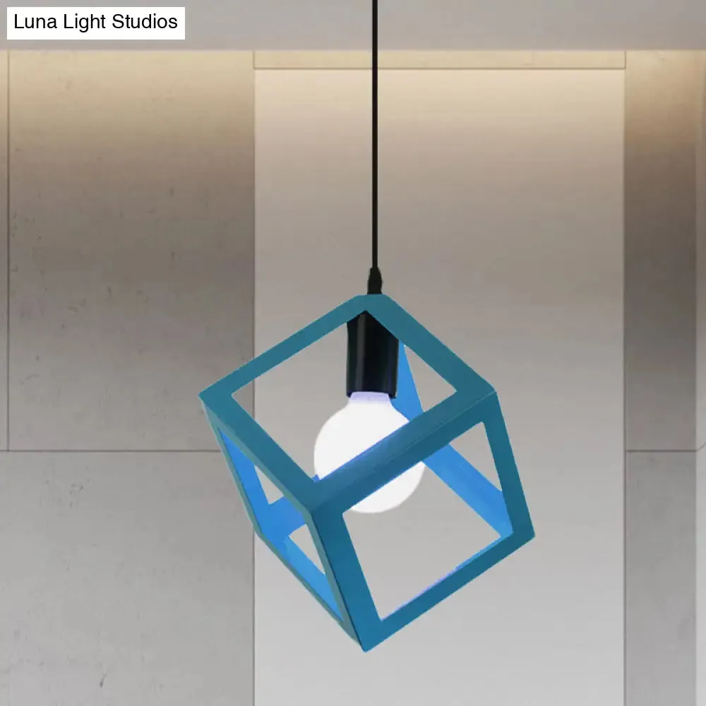 Loft Style Cubic Cage Pendant Light with Colorful Shades for Dining Room