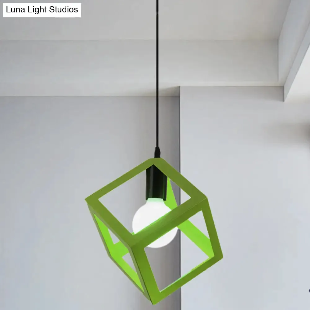 Loft Style Cubic Cage Pendant Light with Colorful Shades for Dining Room