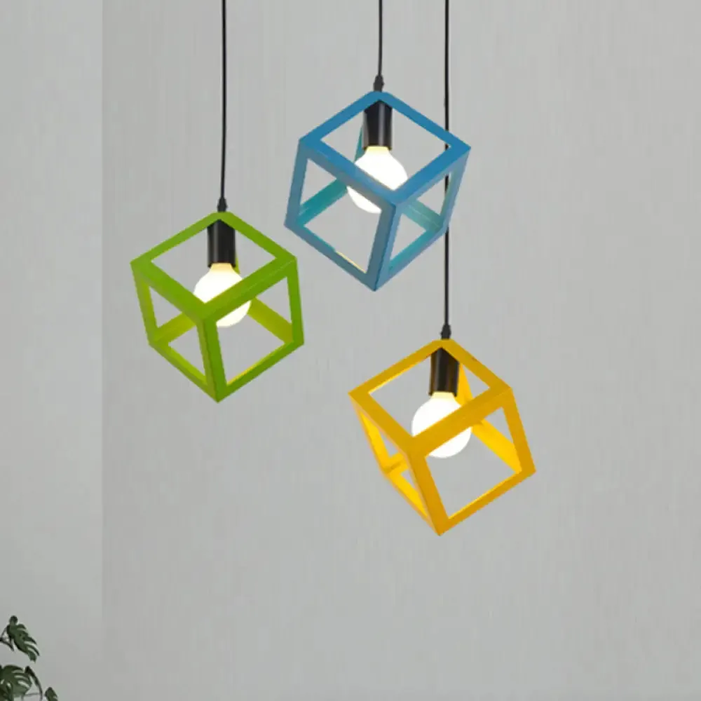 Loft Style Cubic Cage Pendant Light with Colorful Shades for Dining Room