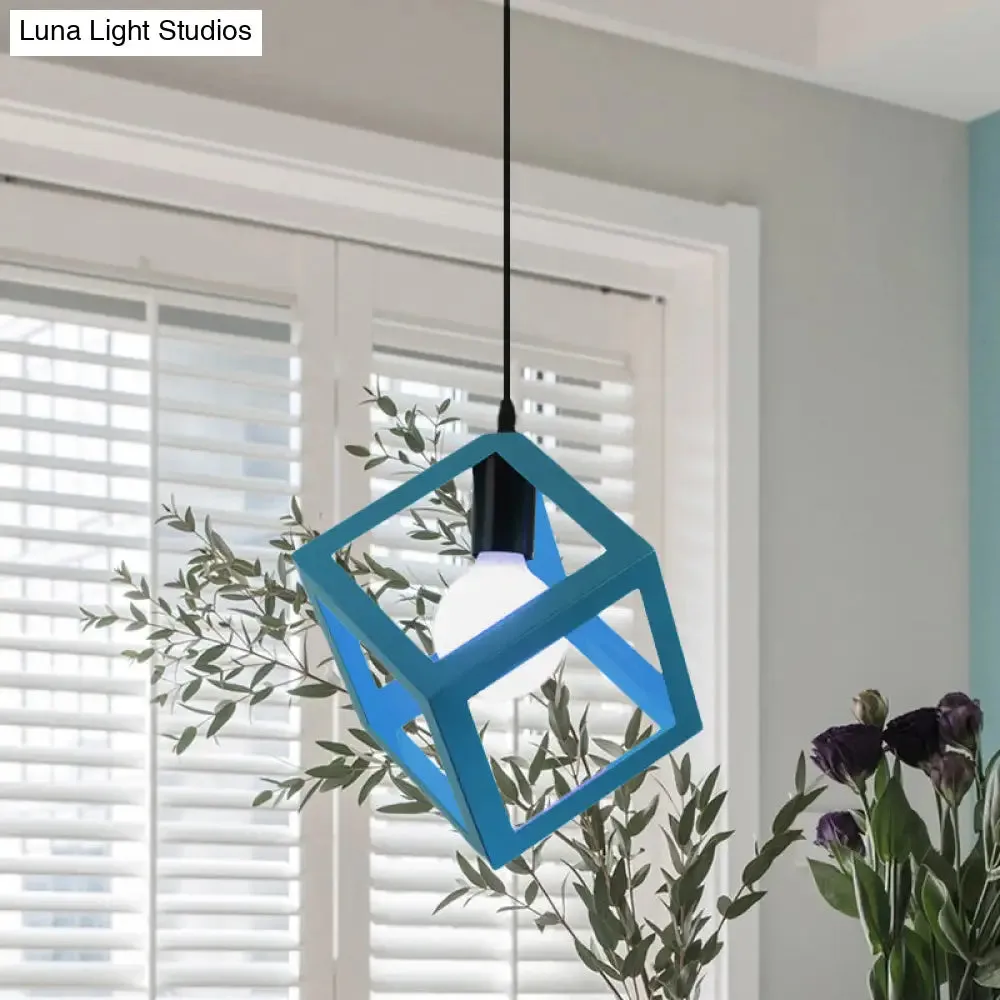 Loft Style Cubic Cage Pendant Light with Colorful Shades for Dining Room