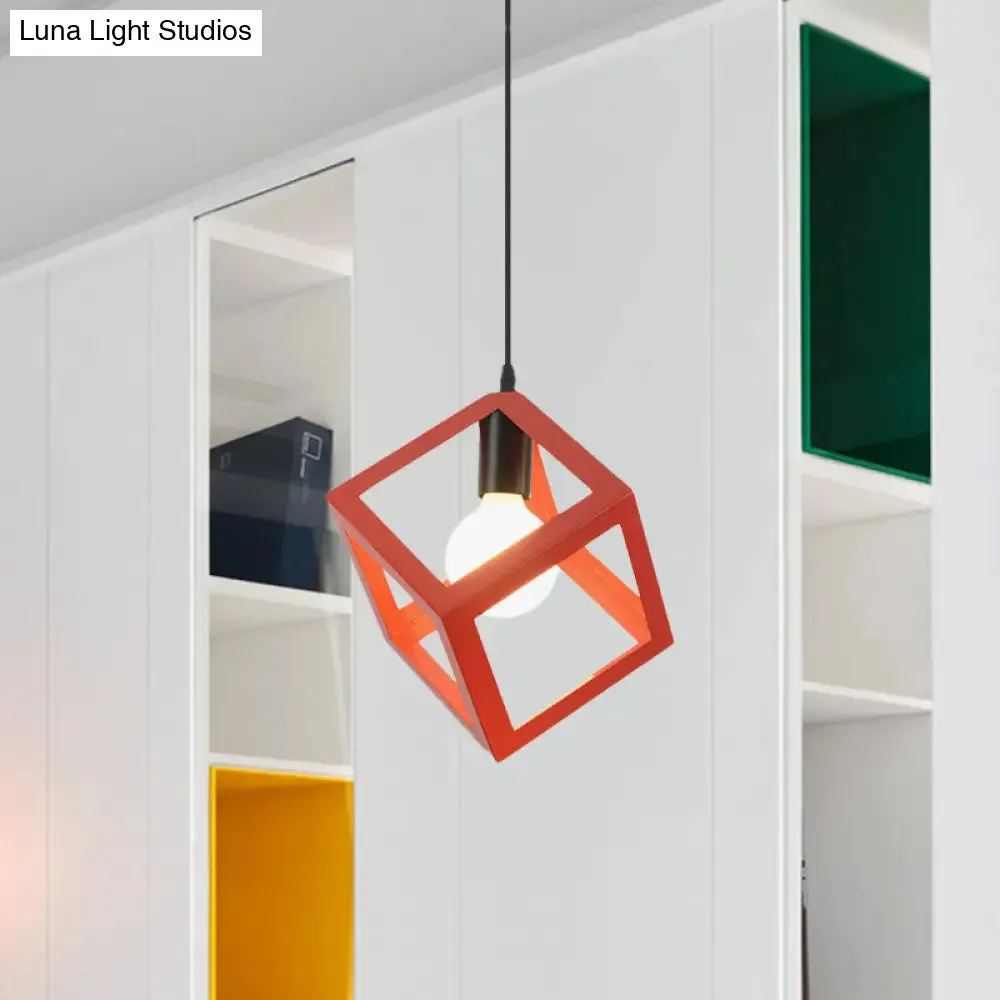 Loft Style Cubic Cage Pendant Light with Colorful Shades for Dining Room