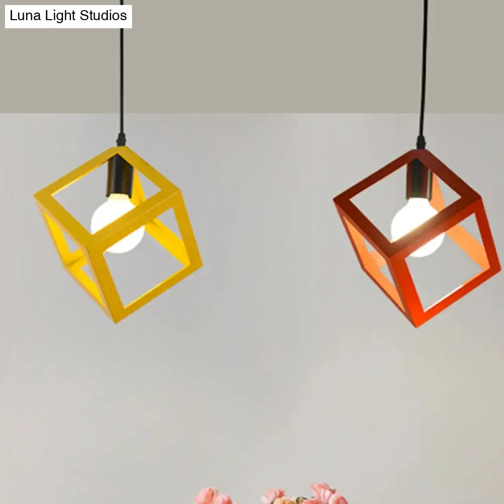 Loft Style Cubic Cage Pendant Light with Colorful Shades for Dining Room