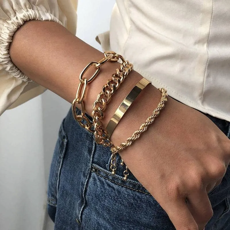 Miami Boho Bracelets and Bangles Set with 4 Punk Curb Cuban Chains