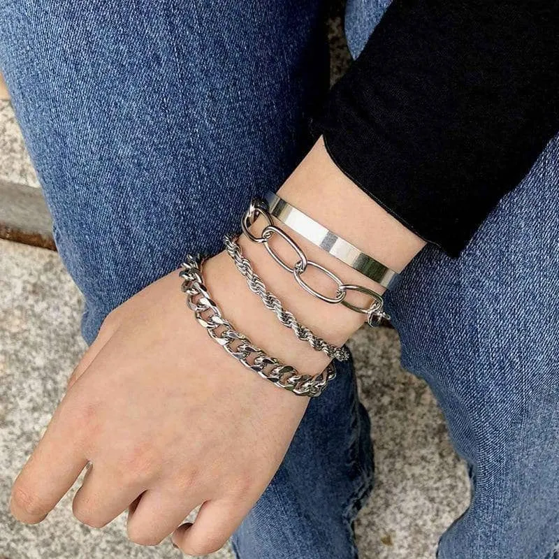 Miami Boho Bracelets and Bangles Set with 4 Punk Curb Cuban Chains