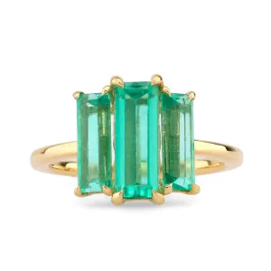 Mid Century Style GIA 2.5 Carat Emerald 18K Yellow Gold Three Stone Ring