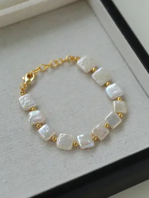 Mini Gold Bead and Square Baroque Pearl Bracelet