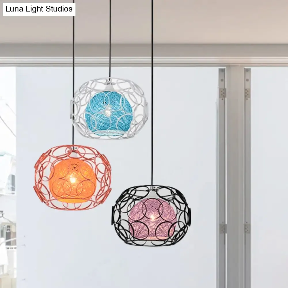 Modern Asia 3-Light Rattan Globe Ceiling Pendant with Colorful Shades and Black Canopy