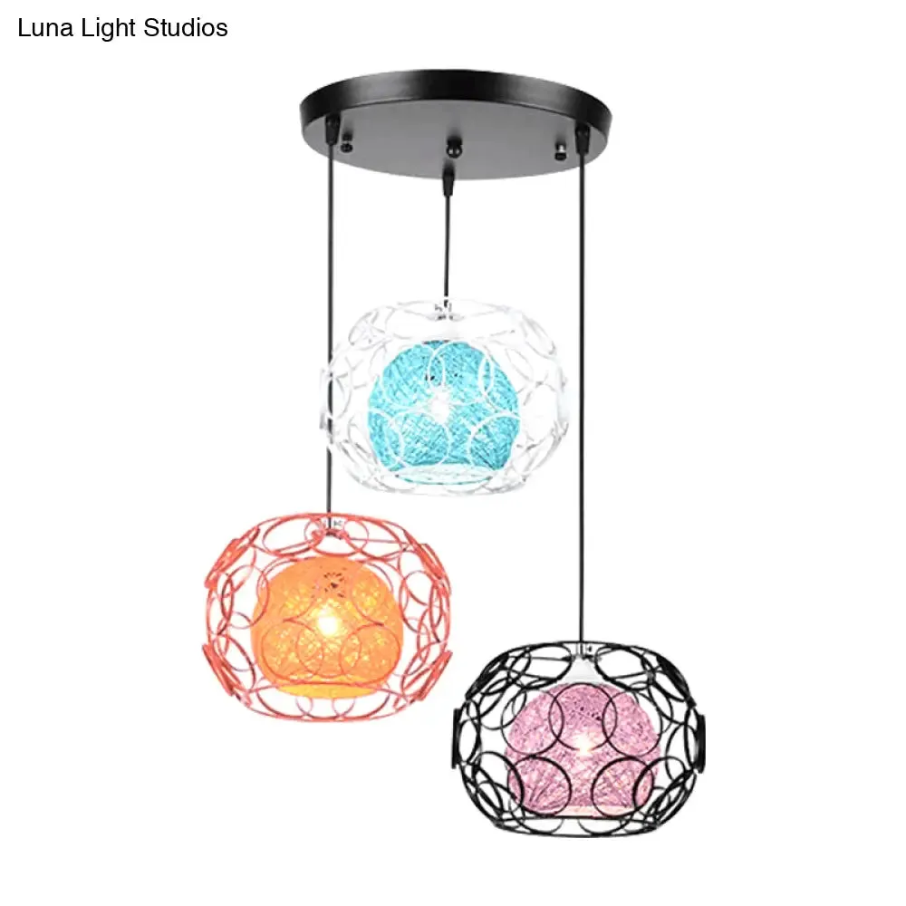 Modern Asia 3-Light Rattan Globe Ceiling Pendant with Colorful Shades and Black Canopy