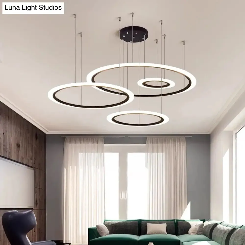 Modern LED Hanging Chandelier - Black Tiered Halo Ring Design with Acrylic Shade