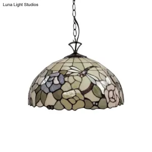 Multi-Color Tiffany Pendant Light with Floral Dragonfly Design for Kitchen - 12"/16" Domed Glass Shade