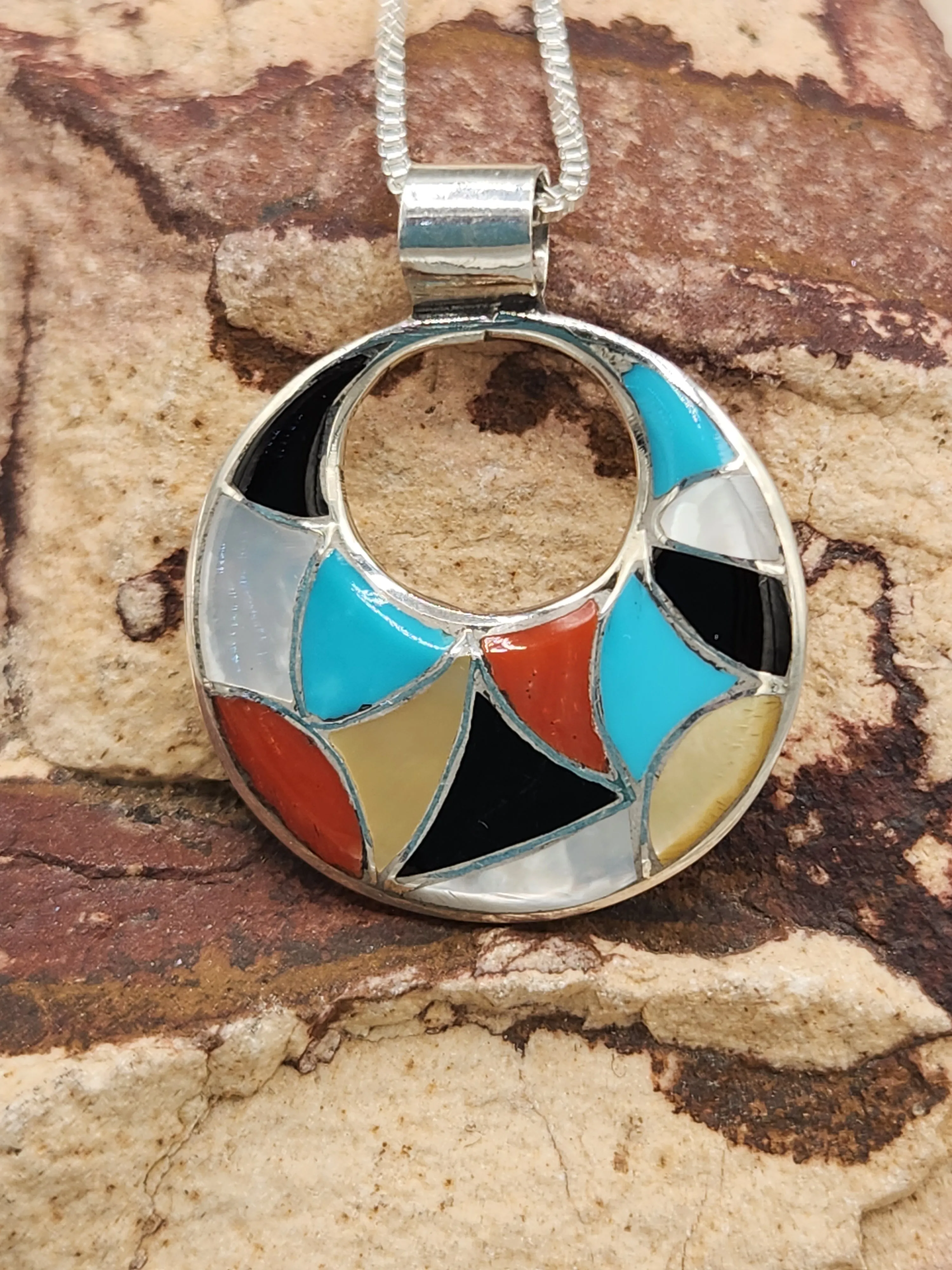 MULTI STONE INLAY CIRCLE PENDANT  - ZUNI - EMMA BOONEY