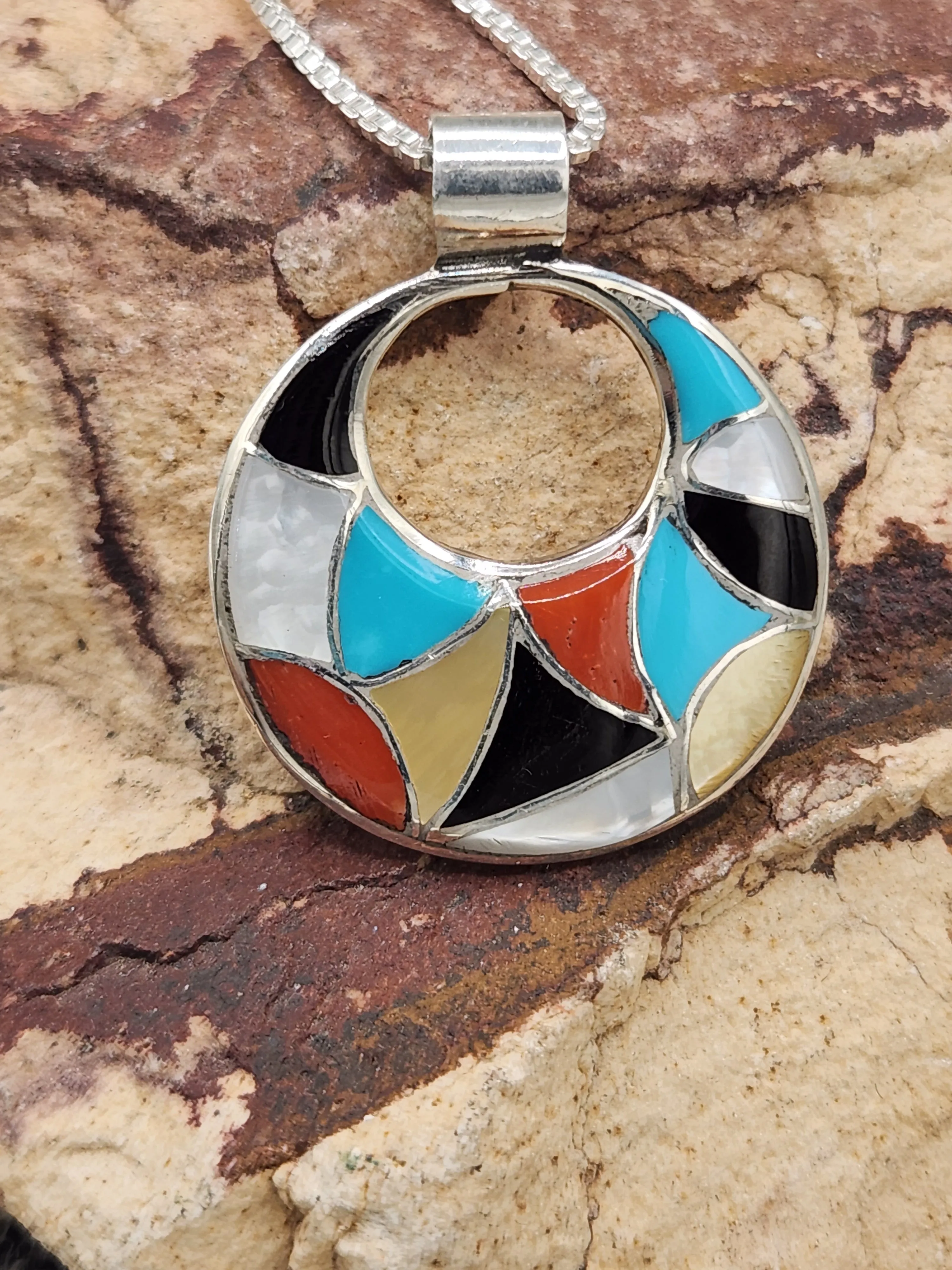 MULTI STONE INLAY CIRCLE PENDANT  - ZUNI - EMMA BOONEY