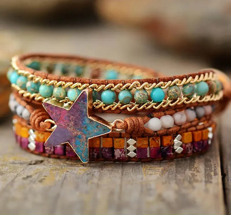 Natural Stone Star Leather Wrap Bracelets