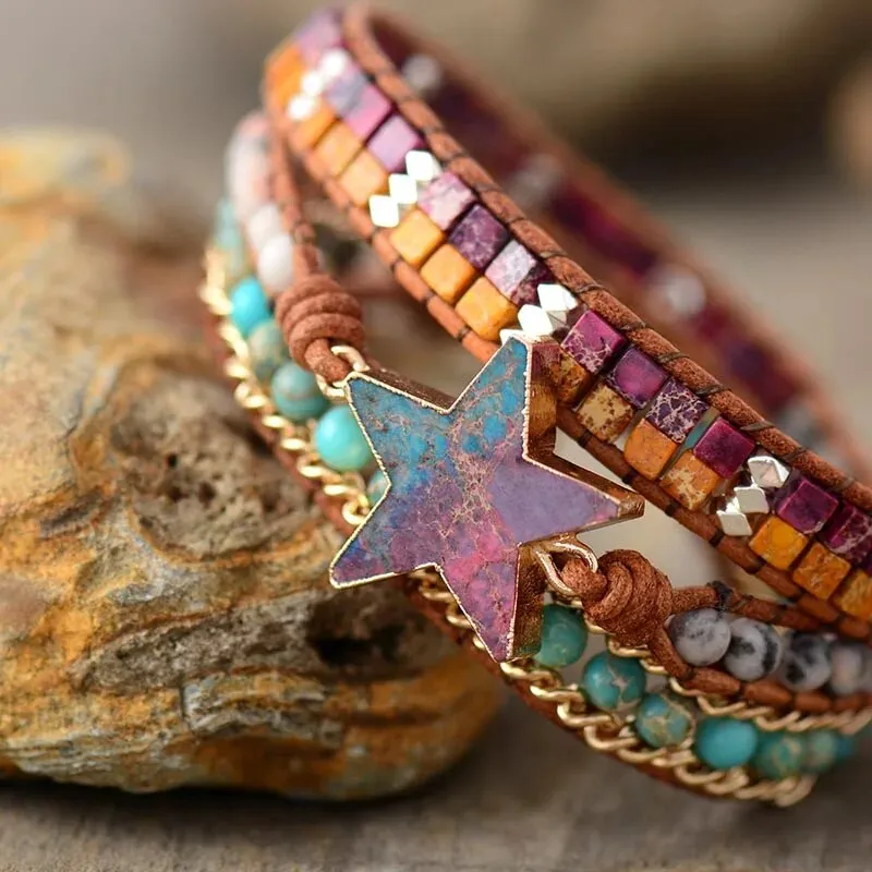 Natural Stone Star Leather Wrap Bracelets