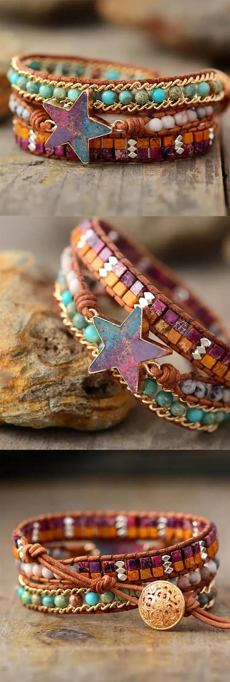 Natural Stone Star Leather Wrap Bracelets