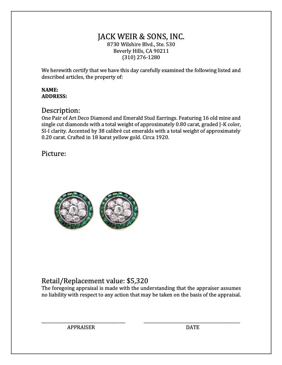 Pair of Art Deco Diamond and Emerald Stud Earrings