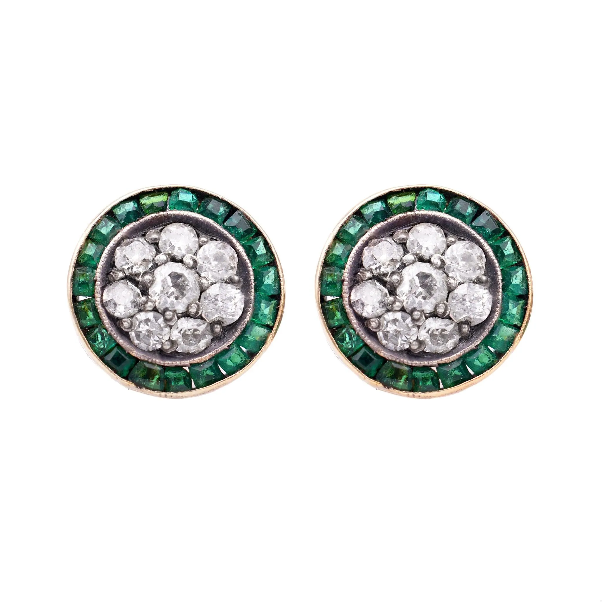 Pair of Art Deco Diamond and Emerald Stud Earrings