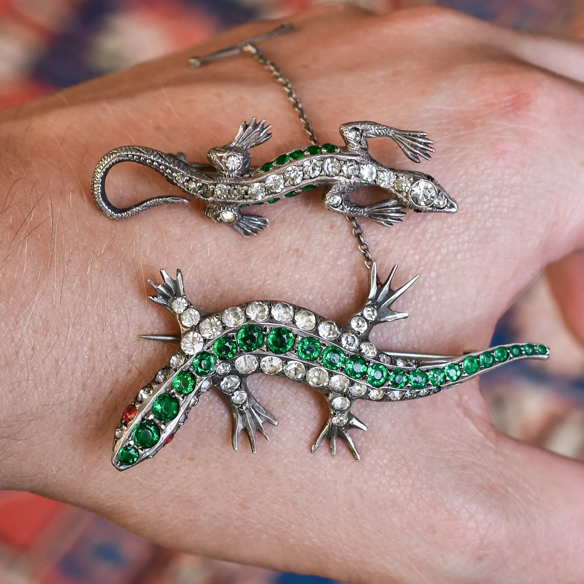 Pair of Green & White Paste Salamander Brooches